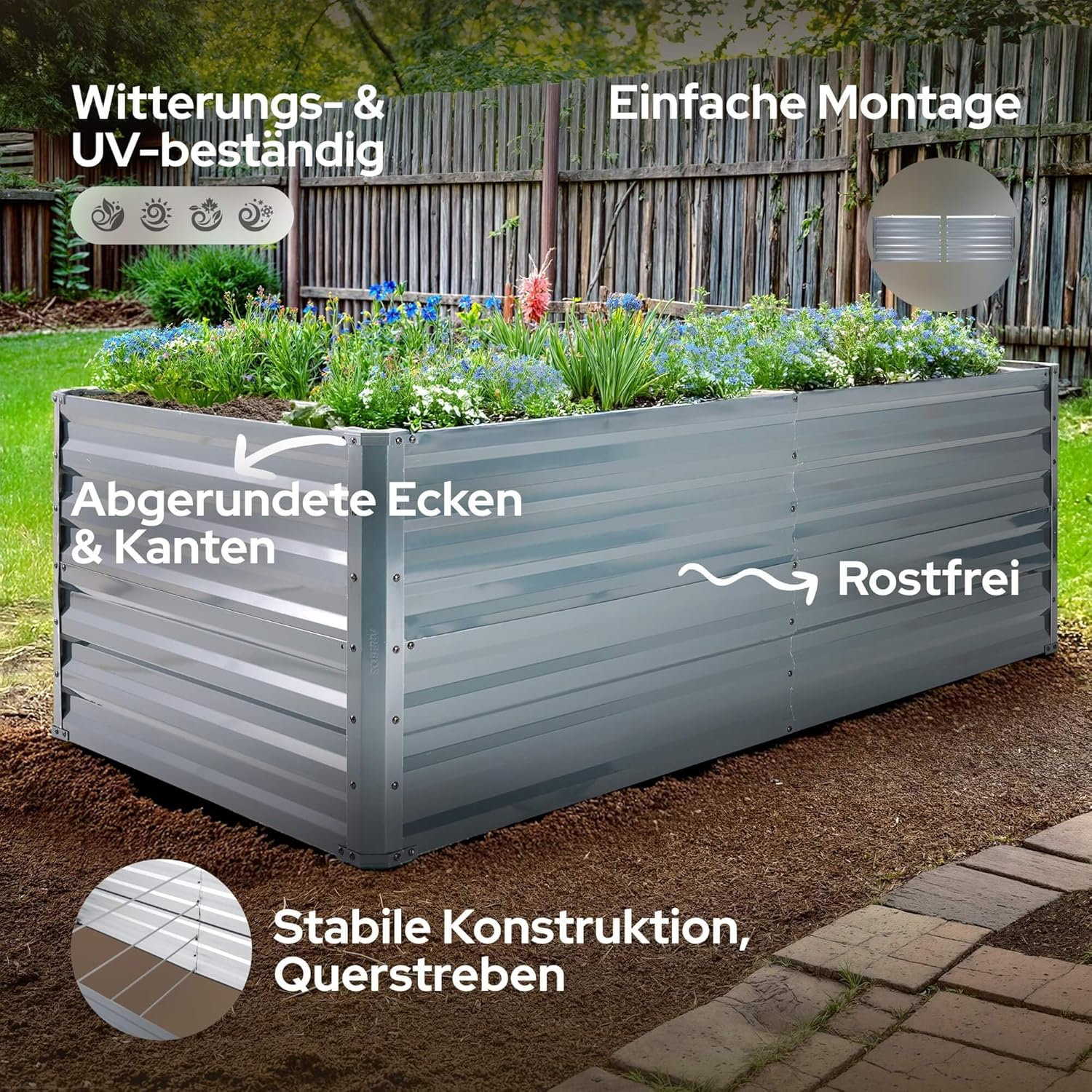 Hochbeet Metall 120x90x59, Gartenbeet aus verzinktem Stahl, wetterfest & rostfrei, Rechteckiges ohne Boden-Garten-On.de